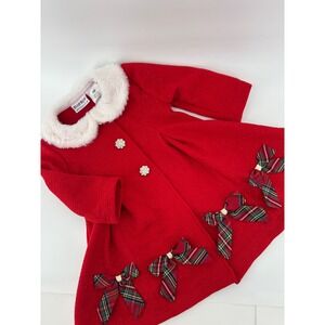 Blueberi Boulevard Girls Red Christmas Swing Coat Faux Fur Collar Plaid Bows 18M